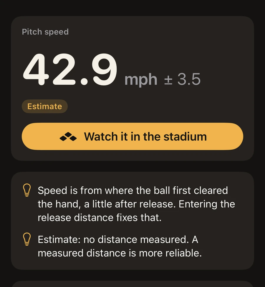 VeloVision result screen: 42.9 mph plus or minus 3.5 with an Estimate label, and two tips: speed is from where the ball first cleared the hand, and no distance was measured, so a measured distance is more reliable