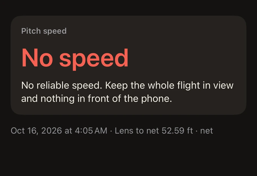 VeloVision result screen reading No speed in red: no reliable speed, keep the whole flight in view and nothing in front of the phone