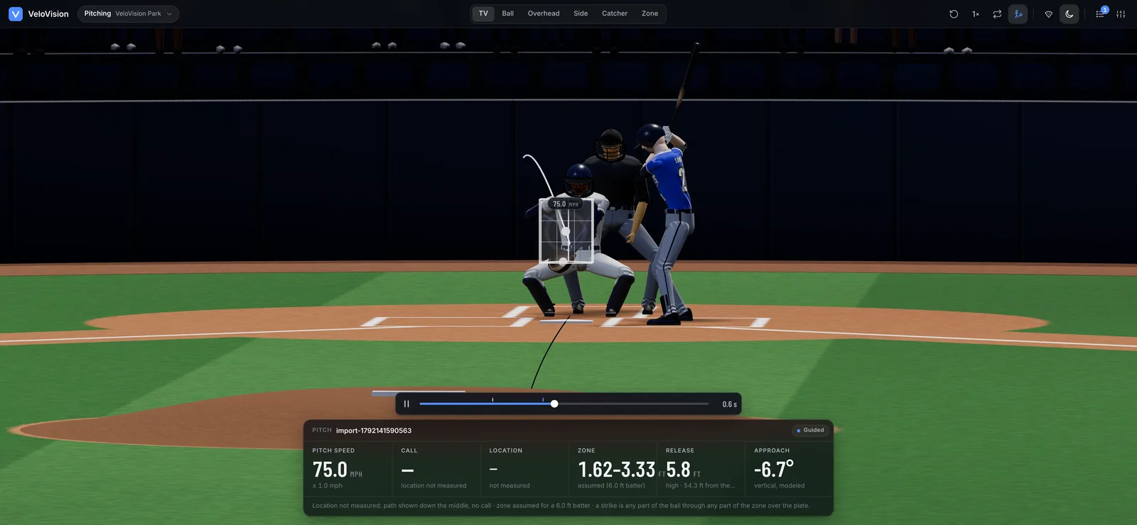The app’s 3D stadium replay of a pitch from the TV camera: the ball and its trail arriving at the batter’s strike zone, with a readout bar: pitch speed 75.0 mph ± 1.0, zone, release height and approach angle