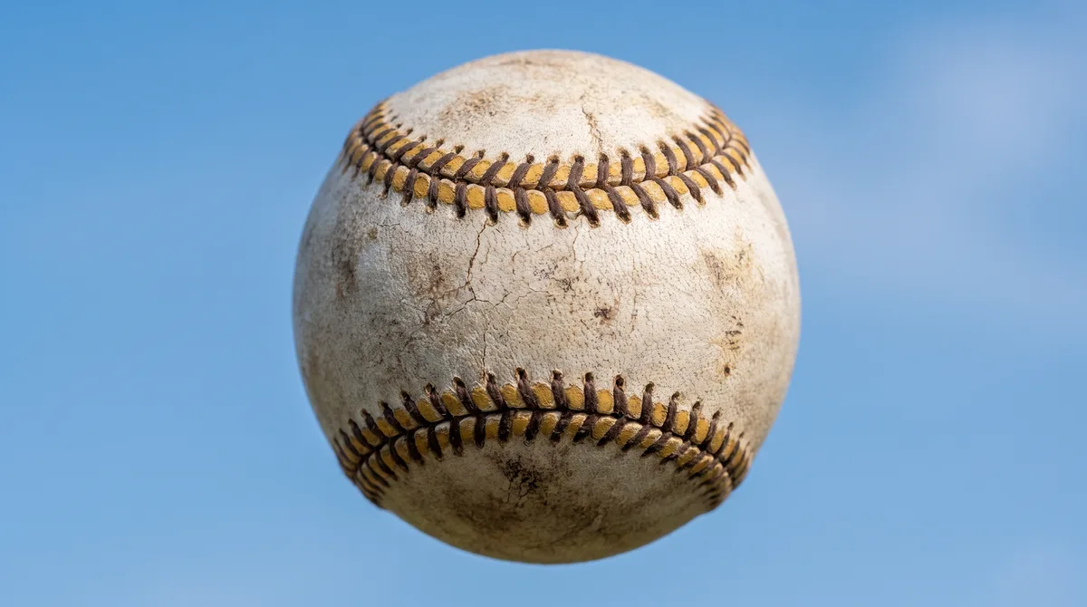 A worn, scuffed baseball with tan seams in front of a blue sky