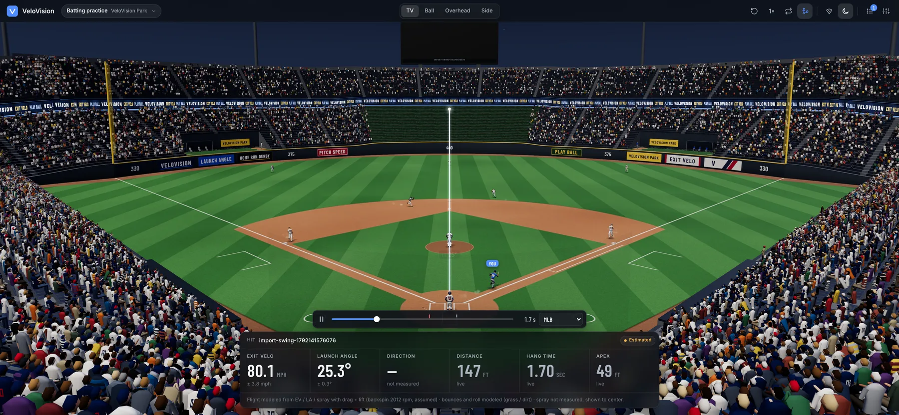 The app’s 3D stadium replaying a swing in batting practice from the TV camera: a fly ball climbing toward centre field over a full ballpark, with a readout of exit velocity 80.1 mph ± 3.8 and launch angle 25.3 degrees while distance and hang time count up