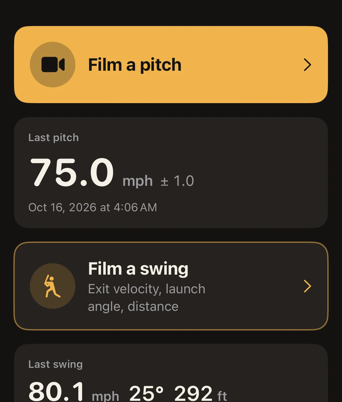 VeloVision home screen: Film a pitch, last pitch 75.0 mph ± 1.0, Film a swing, last swing 80.1 mph, 25 degrees, 292 feet