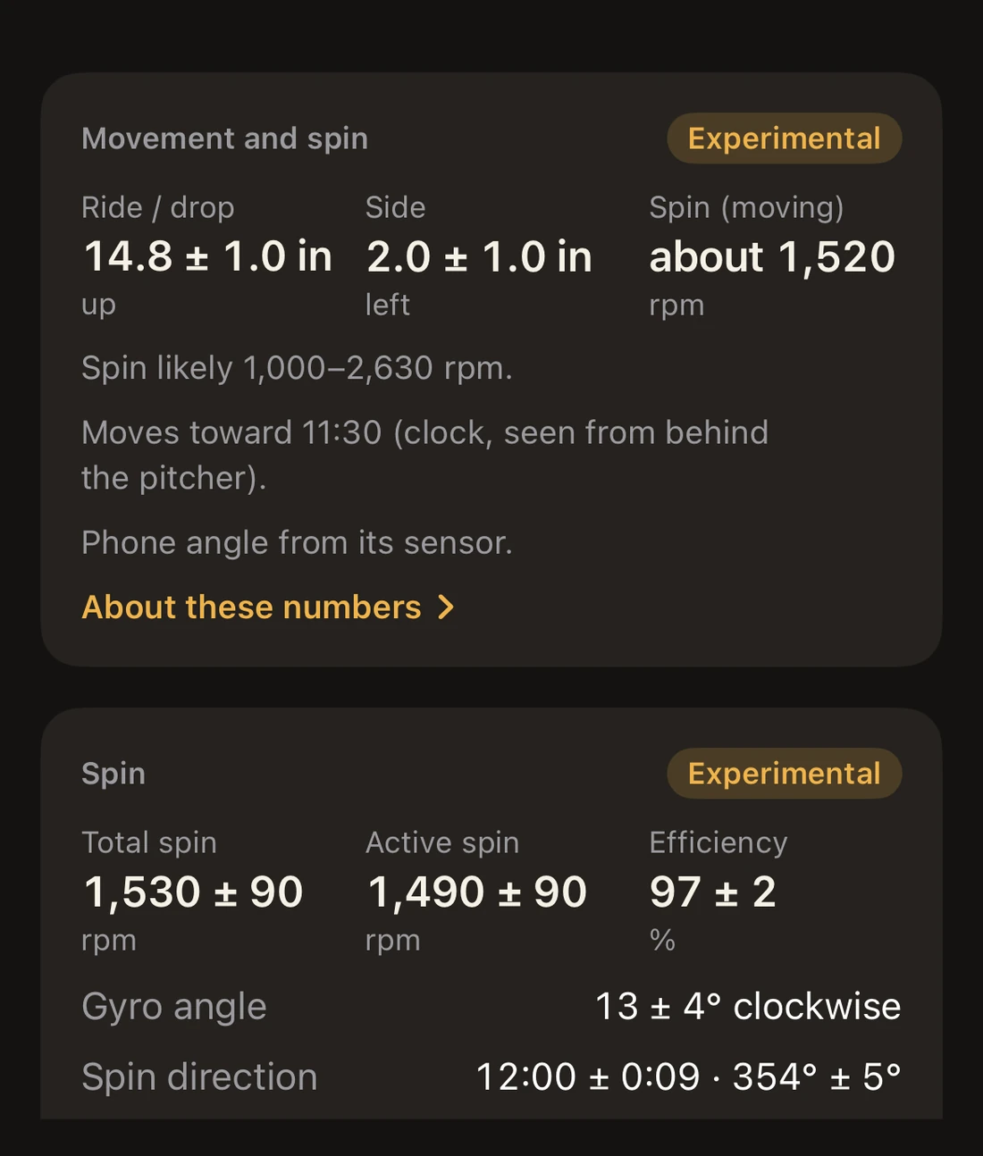 VeloVision Movement and spin card marked Experimental: ride 14.8 ± 1.0 inches up, side 2.0 ± 1.0 left, spin about 1,520 rpm, likely 1,000 to 2,630 rpm, moving toward 11:30; the top of the Spin card is below it
