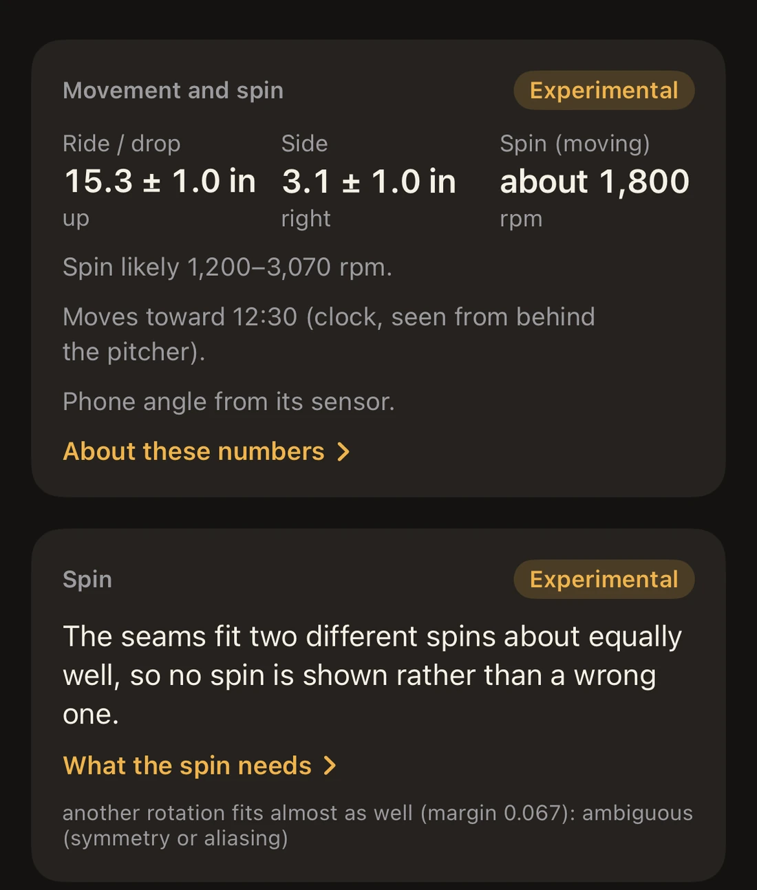 VeloVision Movement card and a Spin card marked Experimental that reads: the seams fit two different spins about equally well, so no spin is shown rather than a wrong one