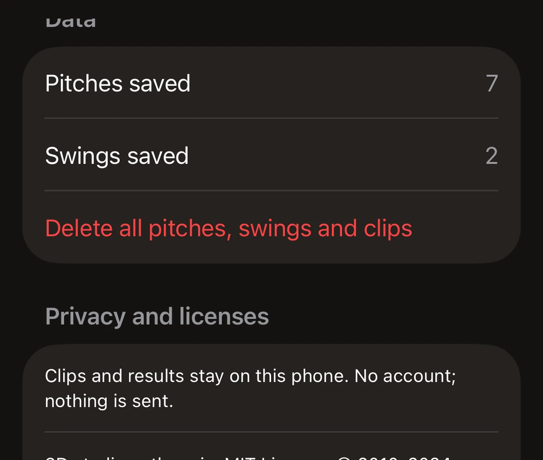 VeloVision settings, Data and Privacy: 7 pitches saved, 2 swings saved, a Delete all pitches, swings and clips button, and the note that clips and results stay on this phone, no account, nothing is sent